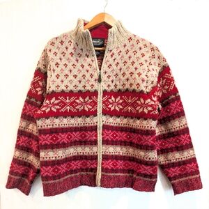 EDDIE BAUER Women's Lambswool Red and Tan Fair Isle Norwegian Cardigan Sweater